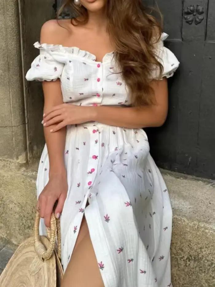 Robe midi blanche brodée florale à épaules dénudées, col à volants avec boutons roses, robes d'été 2026, Vestidos 2026