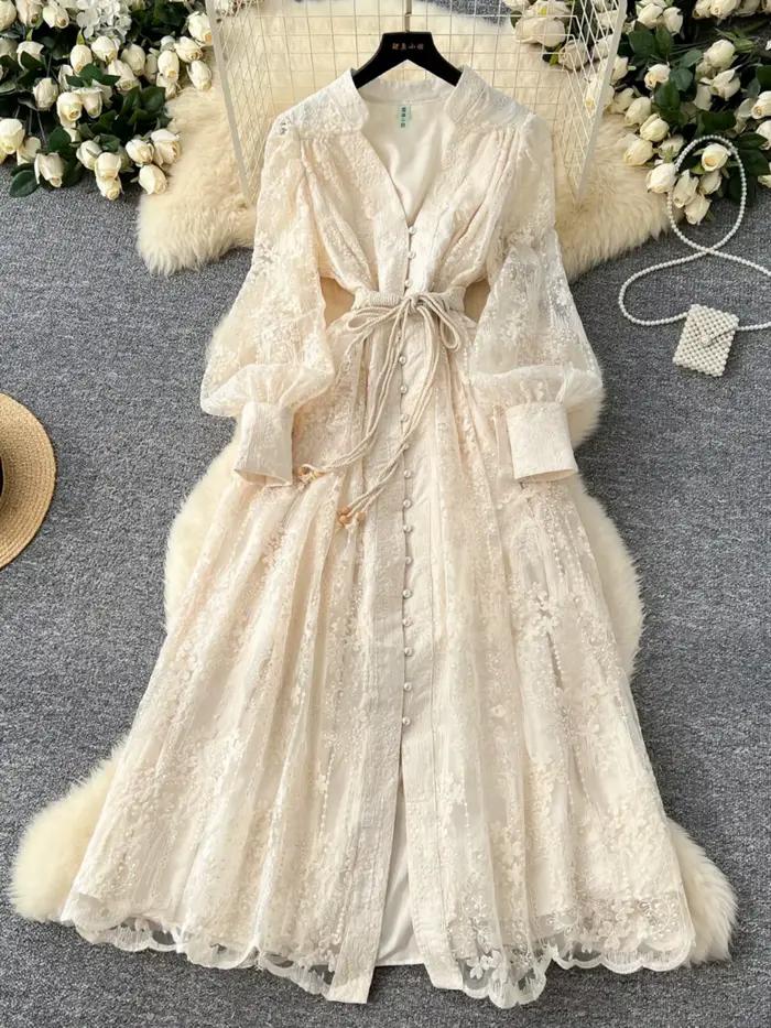 Robe de soirée Smlinan broderie florale polyester longue à manches longues boutonnage simple pour femmes occasions spéciales printemps été