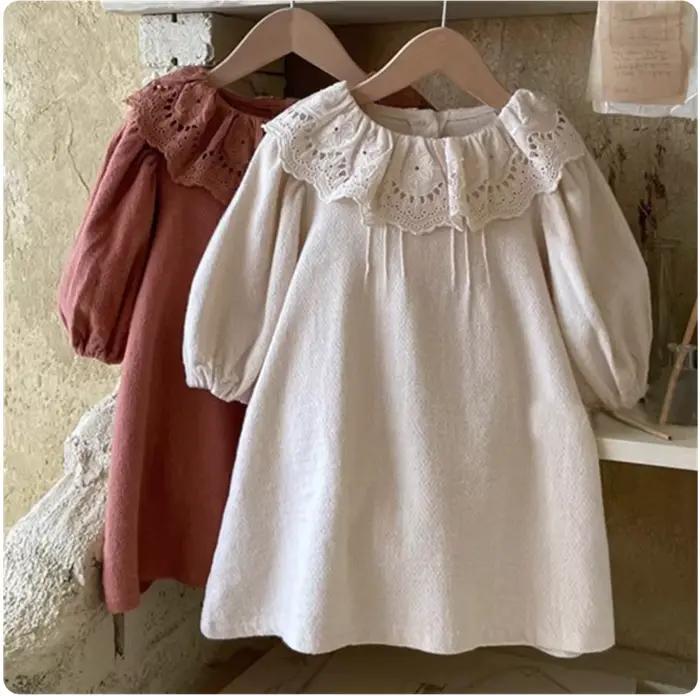 Robe décontractée en dentelle à volants pour filles, tenue d'automne à manches longues, blanche, vêtements à la mode pour enfants en bas âge