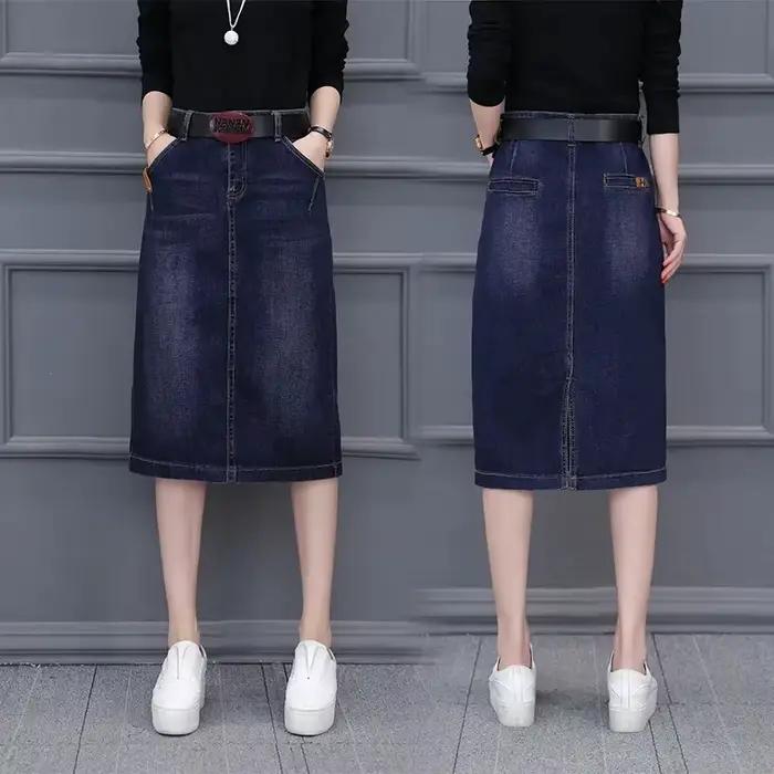 Cowboy jupe midi mi-longue 2025 nouveau printemps été Denim enveloppé hanche taille haute fendue a-ligne