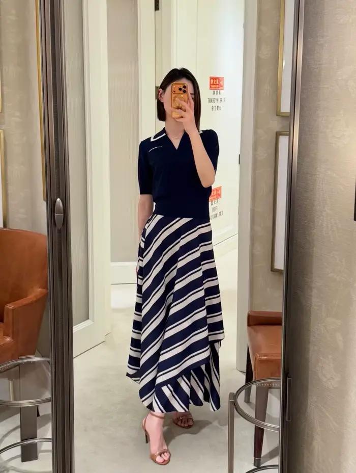 Jupe mi-longue irrégulière à rayures bleues pour femmes, été