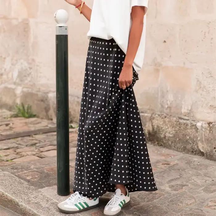 Jupe maxi à pois vintage élégante et confortable pour femmes, polyvalente et adaptée aux saisons printemps et automne
