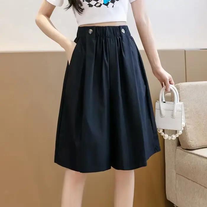 Bermuda demi-jupe femme élégante avec plis, mixte coton-polyester, ajustement lâche, taille élastique, pour l'été, kaki, noir, vert, style décontracté mais sophistiqué, pour les femmes, idéale pour les occasions estivales