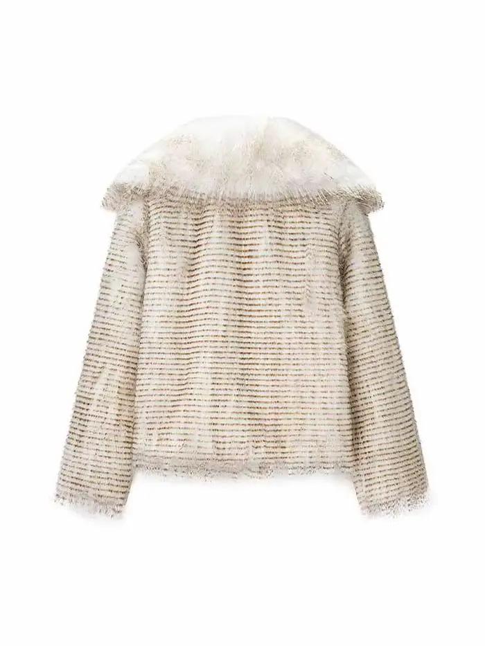Manteau court tendance pour femme, printemps, manches longues, fourrure artificielle, col à revers, décoration rayée, style décontracté, style urbain