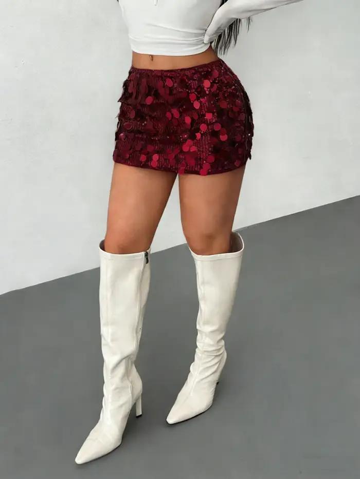 Mini-jupe moulante à sequins bordeaux taille haute pour femme