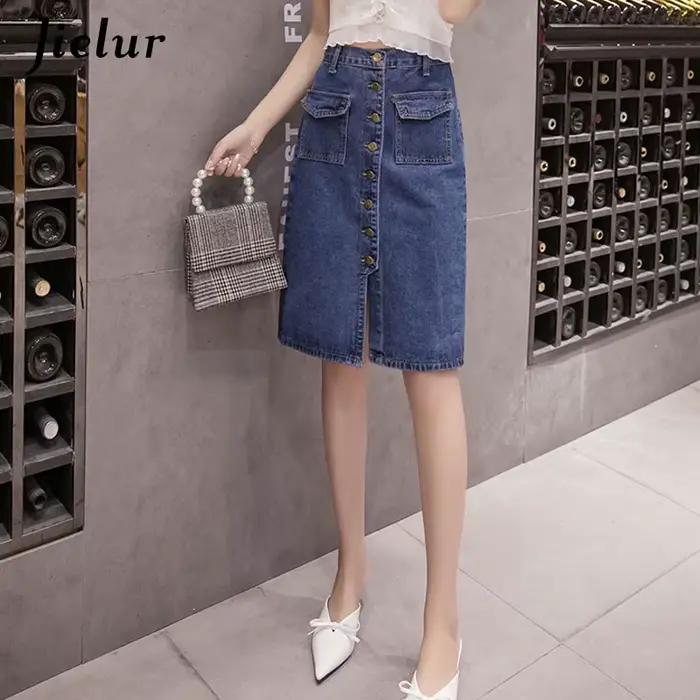 Jielur Taille Haute Denim Jupes lèvent Poches Classique Jeans Jupe pour Femmes S-5XL