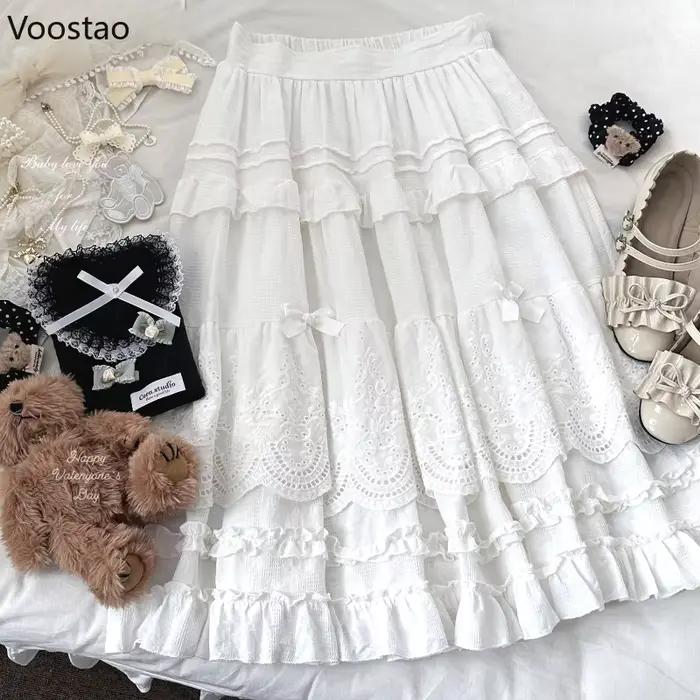 Mori Girl Style Lolita jupe Midi femmes Vintage broderie dentelle florale nœud volants jupes longues femme Prairie Chic