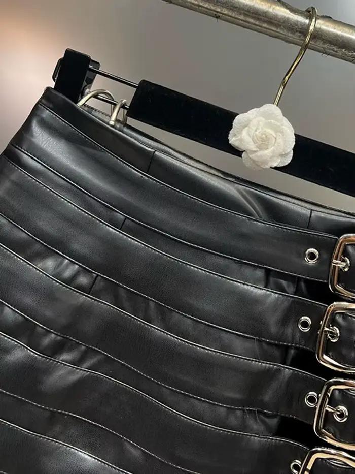 DEAT Mini-jupe tendance pour femme en similicuir PU à ceintures multiples