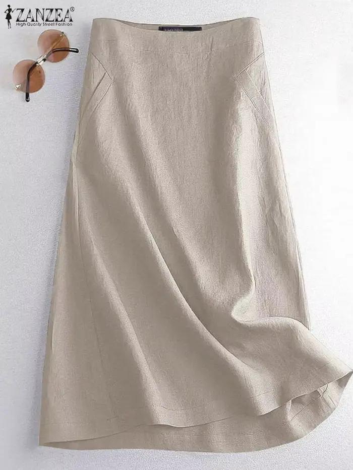 ZANZEA Vintage été élégant taille haute a-ligne jupes femmes décontracté fête travail Faldas Saia solide Midi Jupe