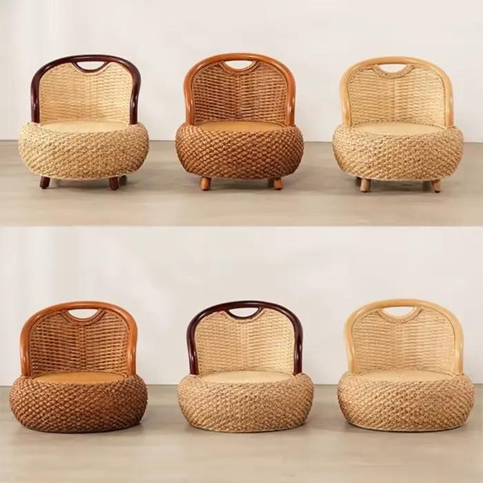 Chaise d'appoint ronde en rotin tissé, siège de sol confortable avec dossier, Pouf confortable pour balcon et salon
