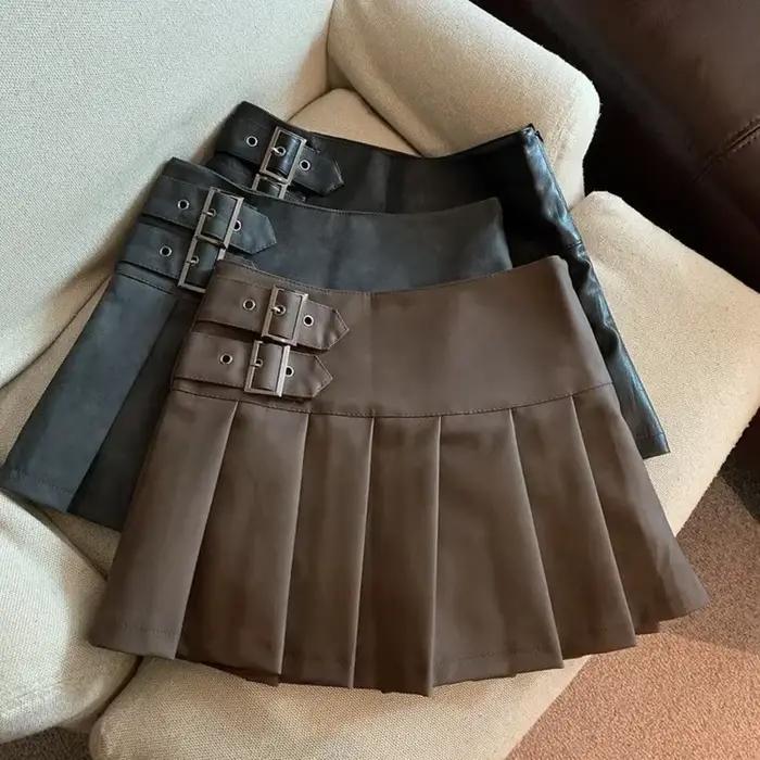 Jupe XS-3XL Y2K en faux cuir plissée pour femmes, décontractée et vintage, coupe haute, mini jupe, polyester, détails écharpes, pour festivals de musique et soirées spéciales