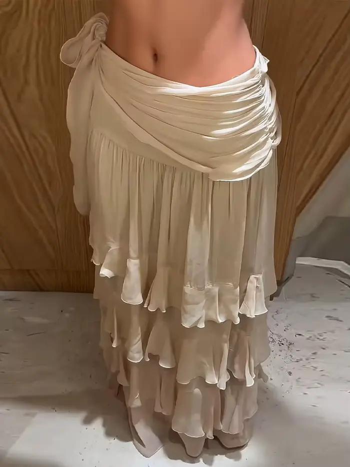 Nouvelle jupe longue plissée style français à volants cascade pour femme