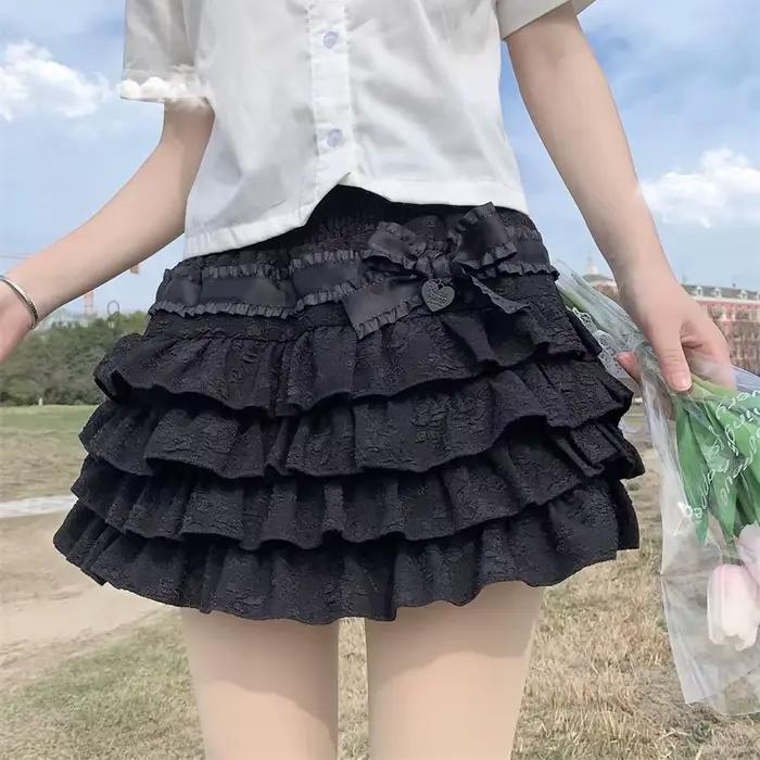 Style japonais Kawaii Lolita Mini jupe femmes gothique taille haute à volants jupes à plusieurs niveaux doux Girly été
