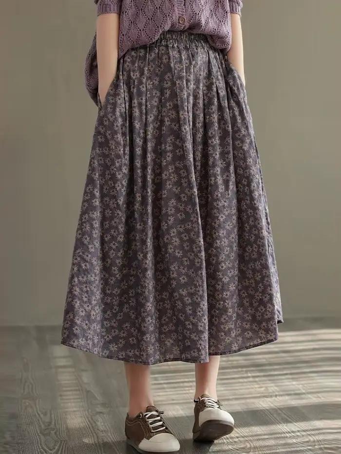 Nouveauté 2025 automne Style Vintage imprimé fleuri ample confortable dames élégante a-ligne jupe longue D536 femmes jupes décontractées