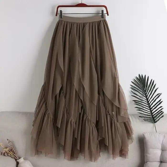 Nouvelle Collection Printemps 2025 – Jupe Mi-Longue Asymétrique Évasée en Maille Double Couche pour Femme – Tendance et Polyvalente