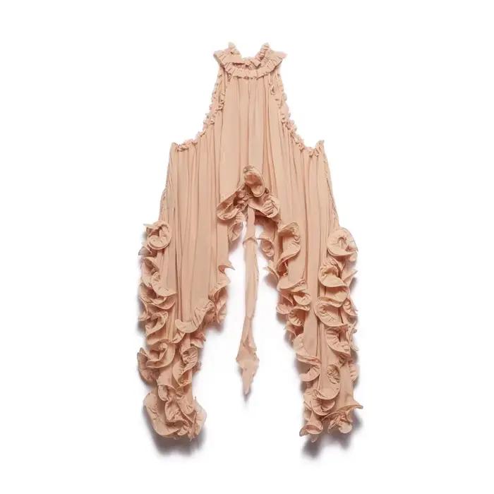 Ensemble deux pièces élégant polyester haut court à lacets jupe taille basse volants haut de gamme pour femmes printemps été vintage