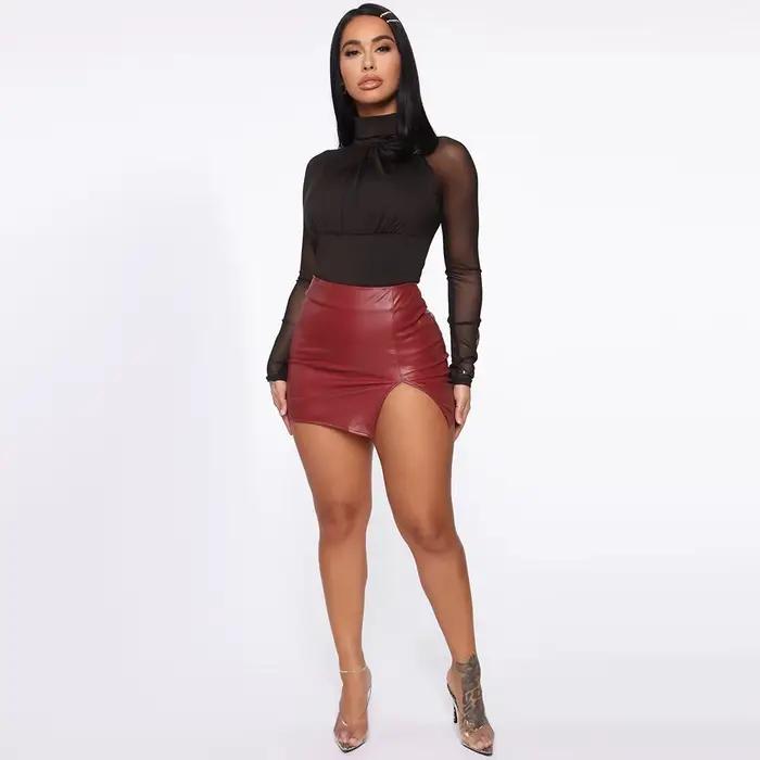 Mini-jupe taille haute en similicuir PU pour femme