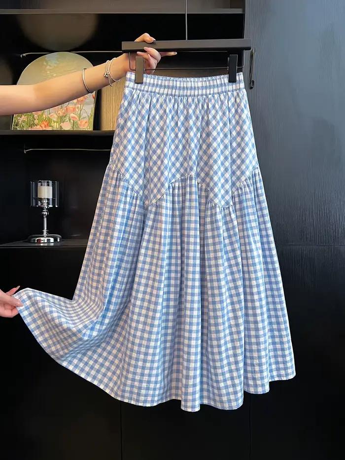Jupe longue trapèze bleue à carreaux pour femme, style coréen, ample, dissimule les hanches, design unique, décontractée, pour le quotidien