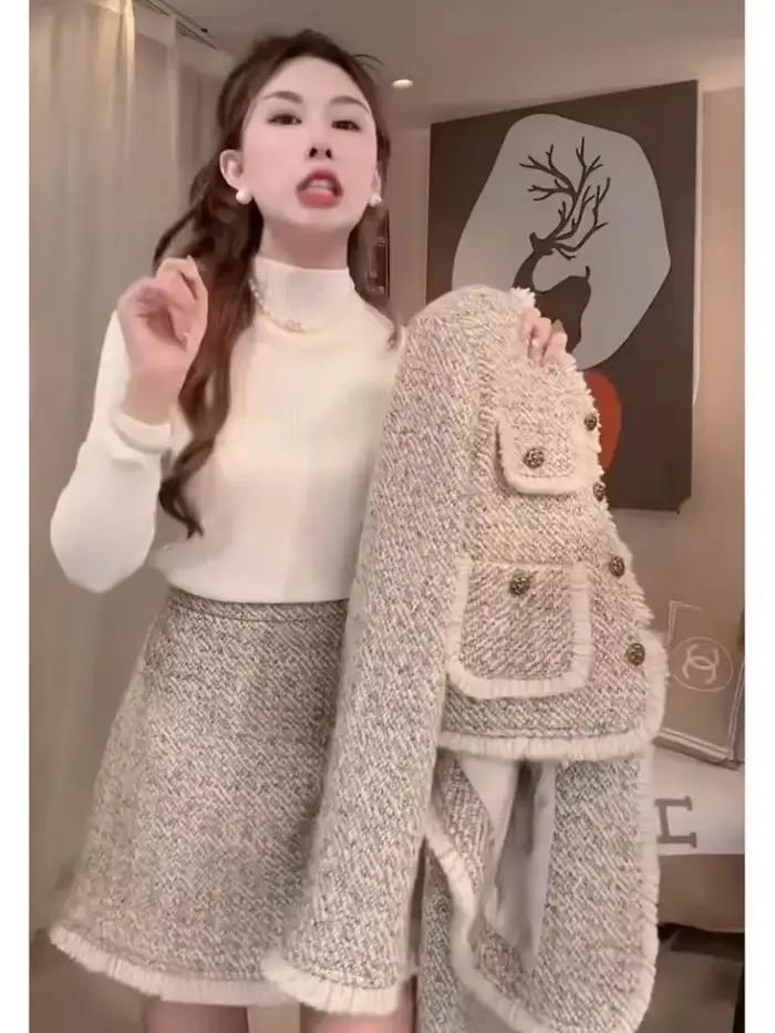 Veste en tweed à manches longues et mini jupe taille haute pour femmes