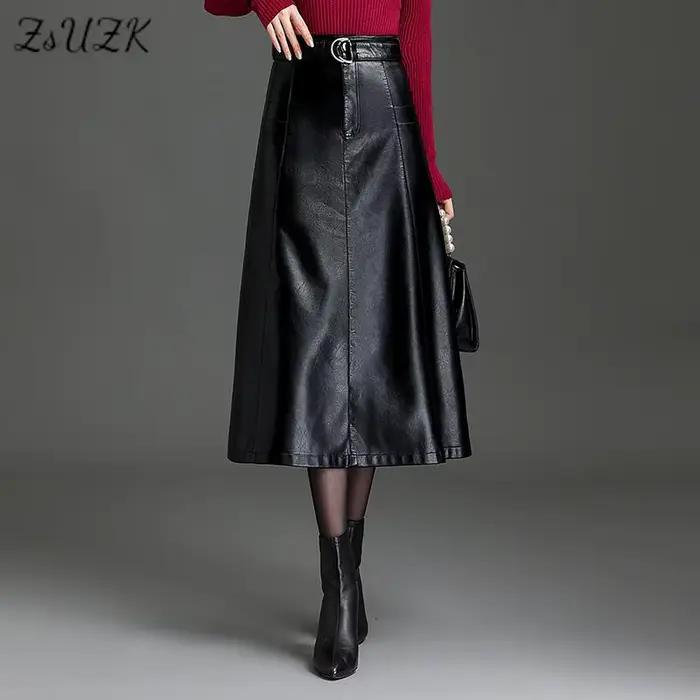ZUZK – jupe trapèze en cuir Pu avec ceinture pour femmes