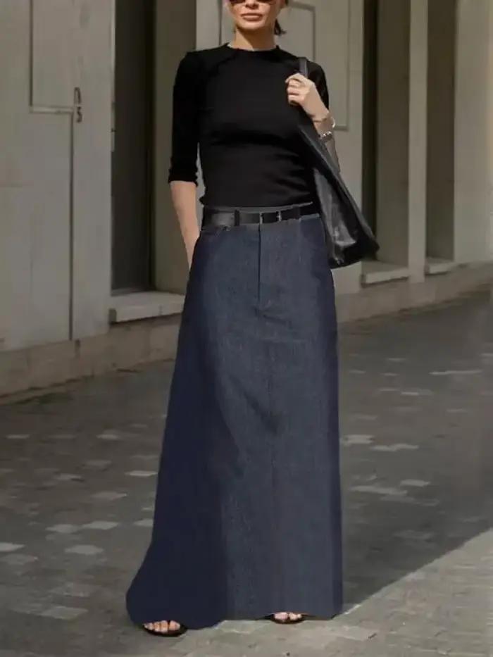 Krisstargirl 2025 été nouvelle mode Denim jupes pour femmes Imitation h-ligne taille haute poches ample femme bleu Maxi jupe