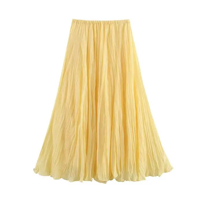 MUJER jupes longues plissées jaunes pour femmes jupe Midi taille haute superposée femme été