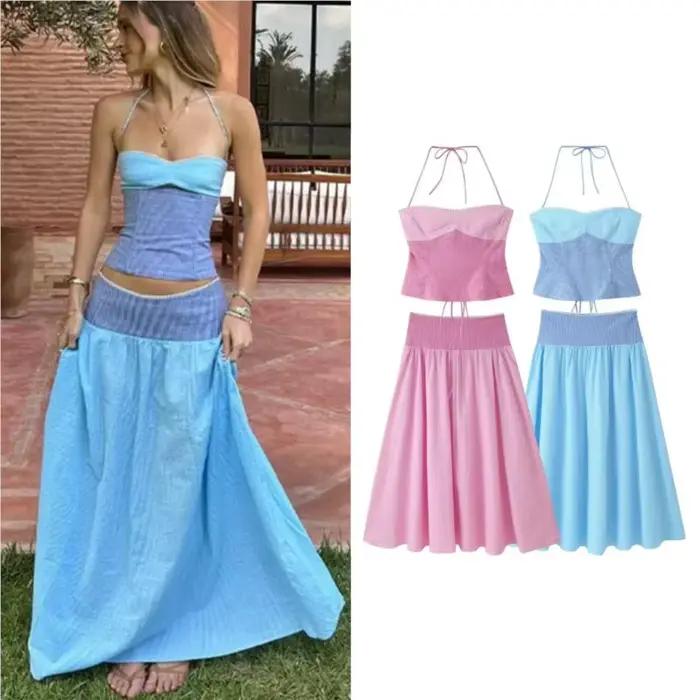 Ensemble jupe femme été rayé colorblock sexy dos nu hauts à lacets taille mi-haute
