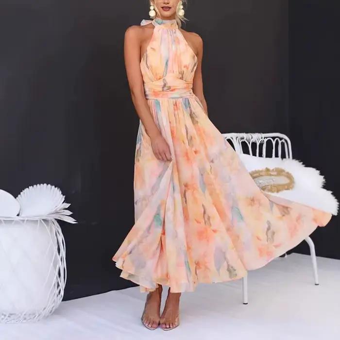 Robe longue femmes imprimer robes licou cou sans manches dos nu à lacets Maxi