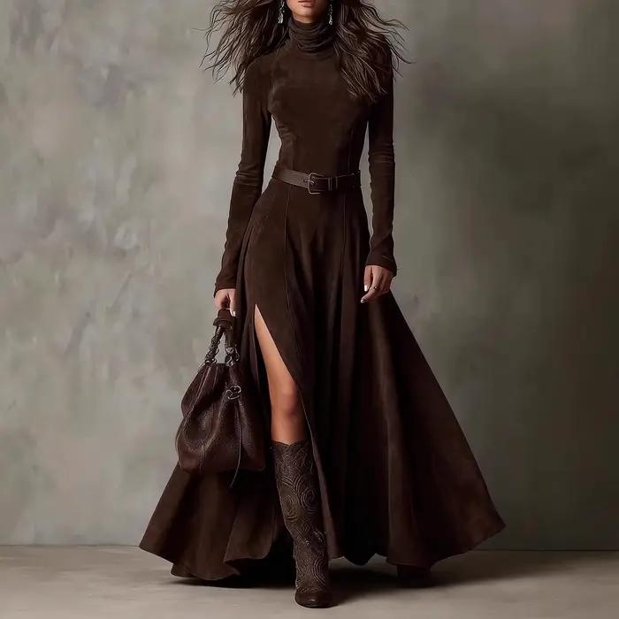 Robe élégante à manches longues et col montant pour femme