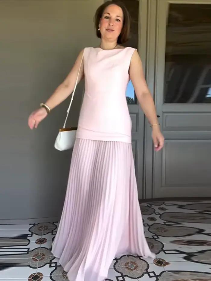 Femmes élégant solide jupe plissée ensembles femme 2 pièces tenue Sexy Slash cou sans manches débardeur tenues été creux mince costumes