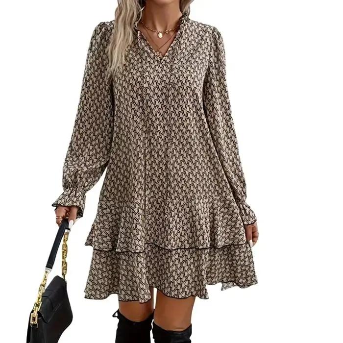 Grande taille 1XL-5XL femmes mode robe imprimée col en v décontracté à manches longues fête manches évasées à volants robe ample