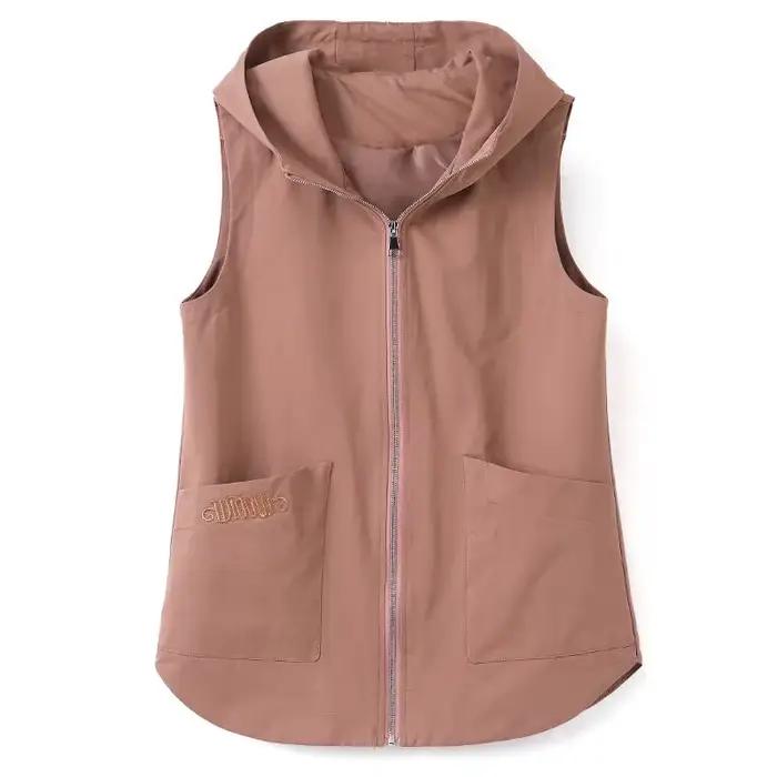 Gilet mi-long pour femme, nouvelle collection printemps 2026, style coréen, sans manches, décontracté, à capuche, avec fermeture éclair, veste d'extérieur