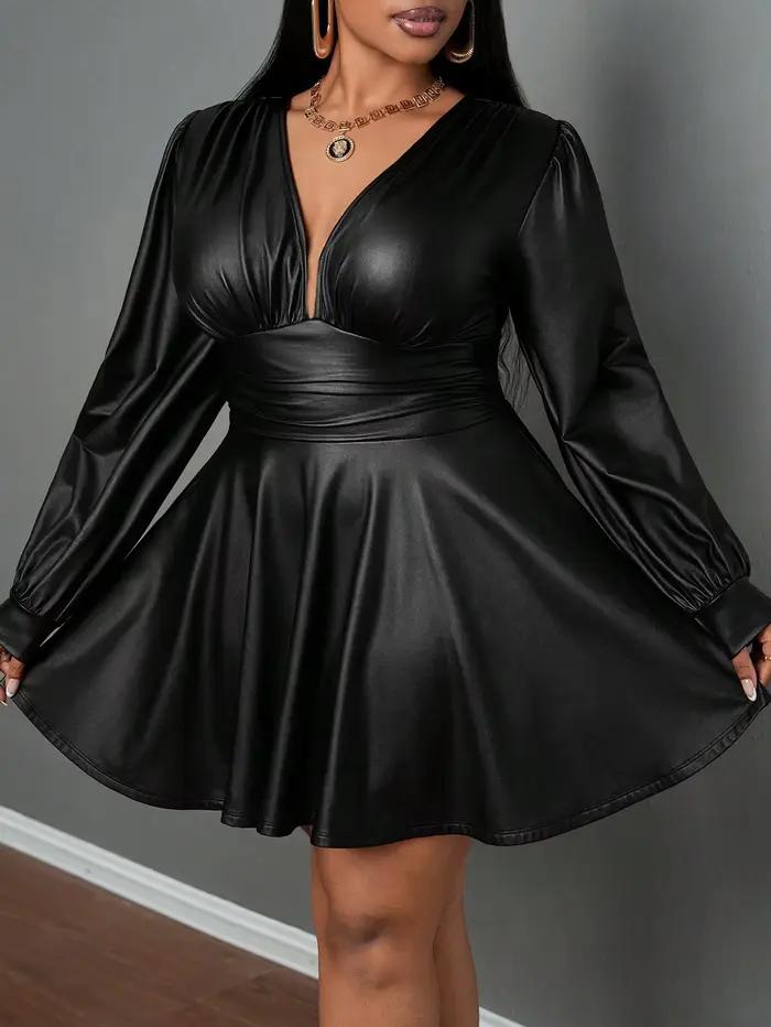 Jupe en polyester grande taille pour femmes, col en V profond, manches lanternes, silhouette trapèze cintrée à la taille, ensemble sexy pour filles, occasions spéciales et tenues de soirée