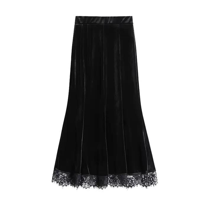 Automne hiver Vintage velours dentelle Patchwork femmes jupes portefeuille 2025 nouveau taille haute noir décontracté