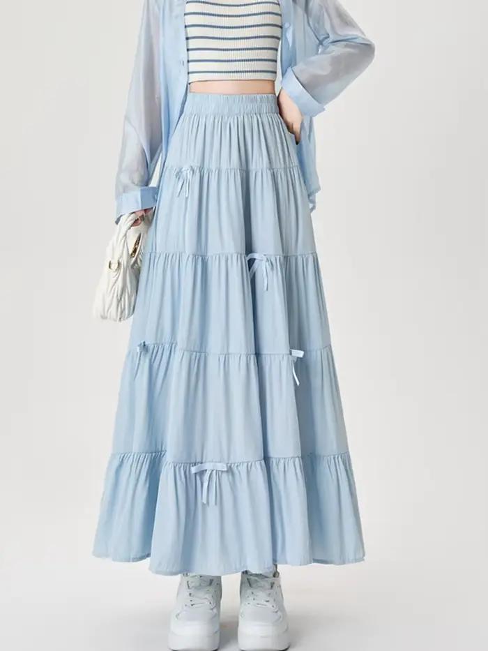 Arc doux jupes longues femmes élégant Style Preppy taille haute une ligne jupe mignon japon ample décontracté dame mode