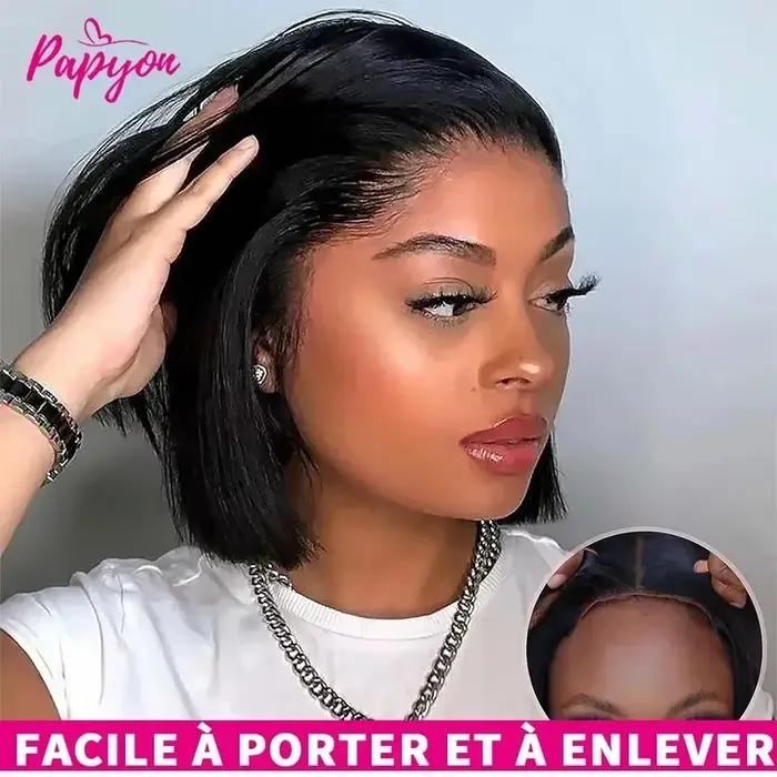 Perruque courte et droite, sans colle, prête à porter, en cheveux naturels, pré-coupée, avec cordon élastique 4x4, version améliorée