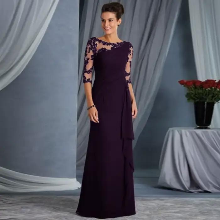 Robe longue élégante en polyester avec dentelle transparente pour femmes, coupe ajustée, col rond, manches mi-longues, idéale pour soirées et journées de travail