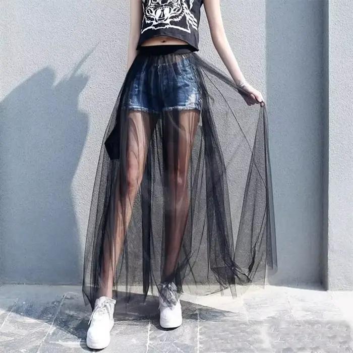 2025 été longue dentelle jupe femmes noir blanc maille jupes décontractées taille basse bohème Sexy Transparent Maxi porter