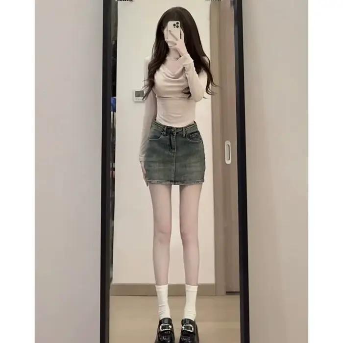 Mode taille haute Mini jupe a-ligne rétro Jean