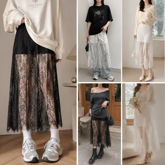 Jupe de dessous en dentelle florale 75 cm pour femmes, sécurité anti-transparence, polyester, blanc ou noir, pour Cheongsam, streetwear et tenues de ville