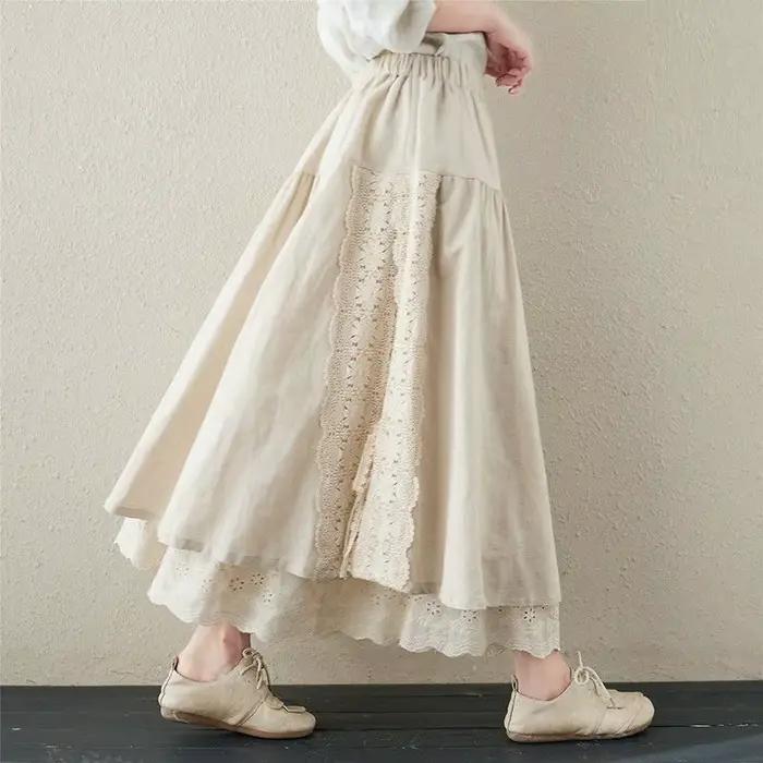 Vintage Chic broderie lin coton jupes longues femmes été élastique taille haute plissée Maxi jupe femme élégante a-ligne