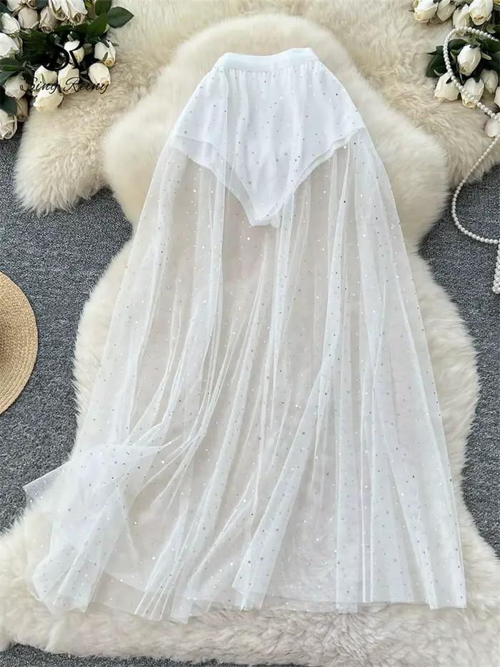 SINGREINY mode paillettes maille jupe taille haute mince pure 2025 femmes été doux tenue extérieure Style coréen
