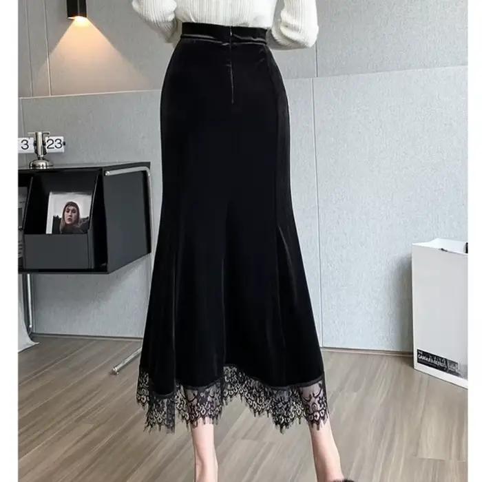 Automne hiver Vintage velours dentelle Patchwork femmes jupes portefeuille 2025 nouveau taille haute noir décontracté