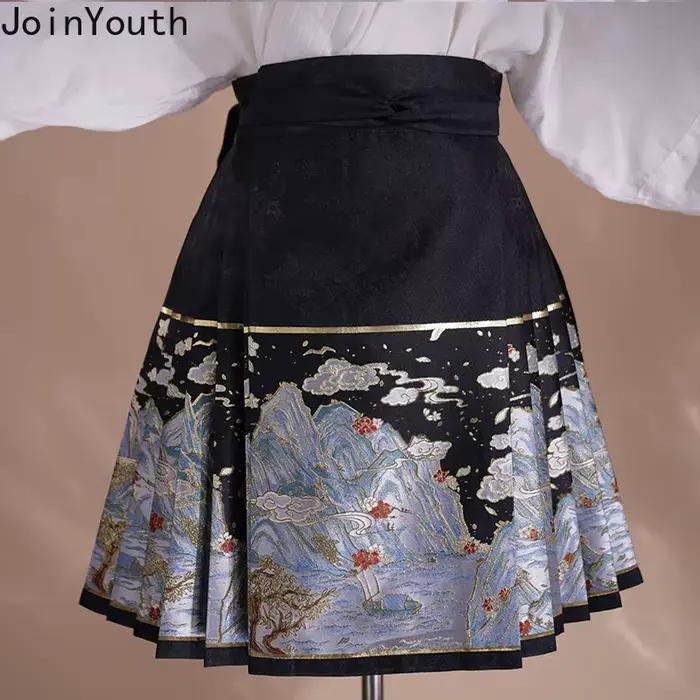 2025 Faldas Mujer De Moda Vintage jupes femmes Style chinois taille haute tunique Jupe broderie été Saia plissée