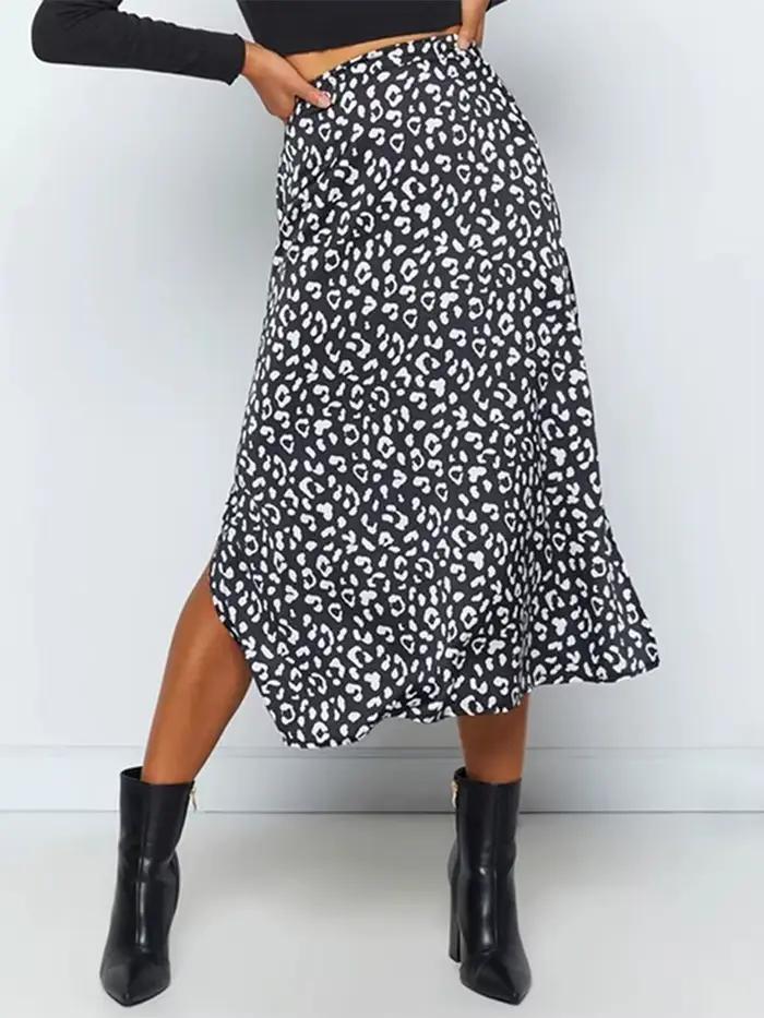 Jupe fendue en mousseline de soie imprimé léopard pour femmes, jupes longues décontractées, fermeture éclair, élégante, sexy, mode féminine, printemps, été, nouveau, 2024