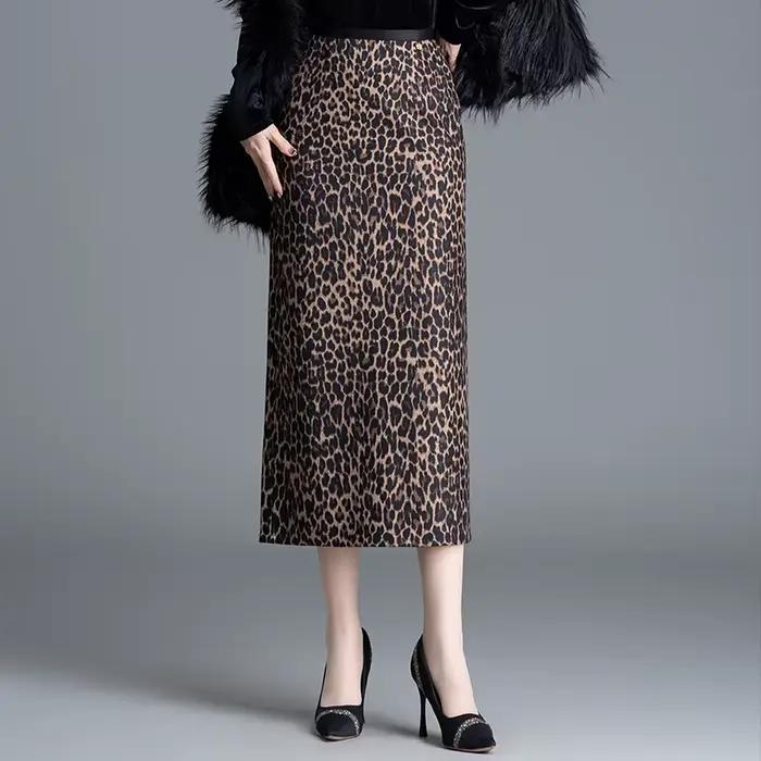 ZUZK élégant longues jupes léopard pour les femmes automne hiver tenue de bureau mince dames jupe taille élastique Maxi