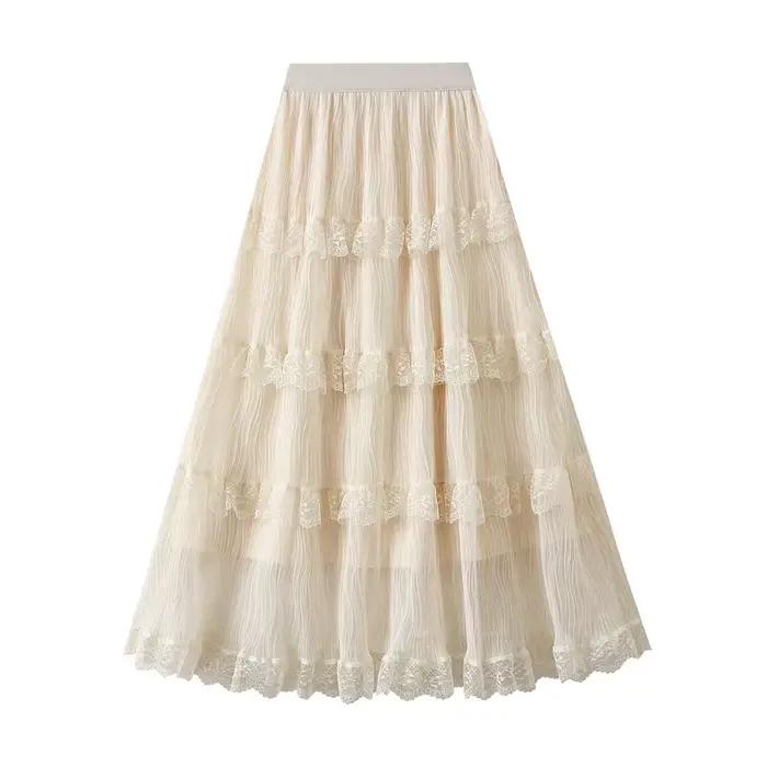 Fée plissée maille gaze Patchwork dentelle jupe femmes mode 2025 printemps été nouveau taille haute décontractée tout-match gâteau jupes