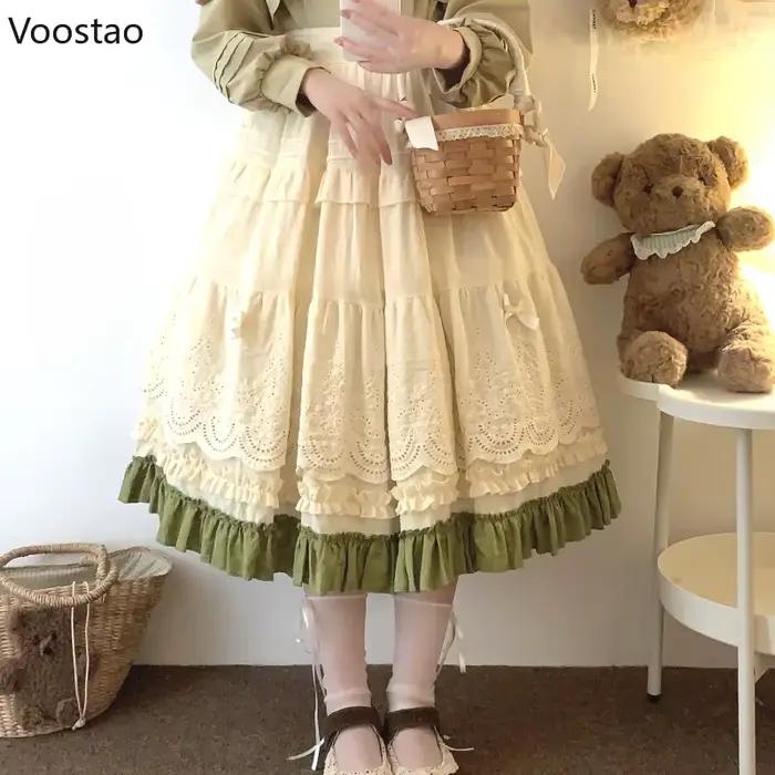 Mori Girl Style Lolita jupe Midi femmes Vintage broderie dentelle florale nœud volants jupes longues femme Prairie Chic