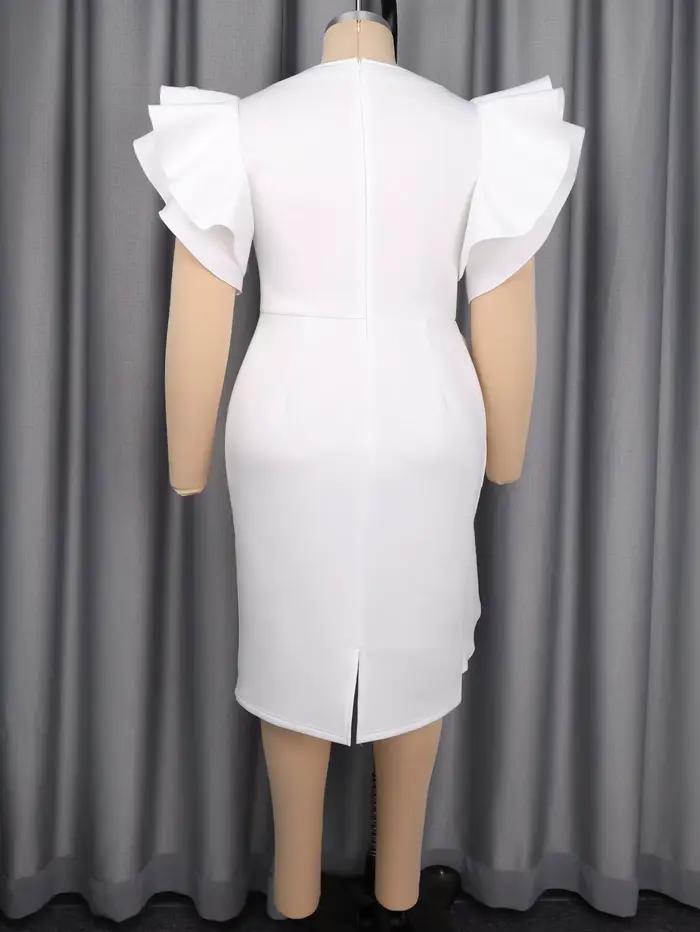 Robe mi-longue blanche pour femmes, col en V, manches courtes volantes, volants à plusieurs niveaux, taille haute, moulante, élégante, robes de soirée d'invitées de mariage