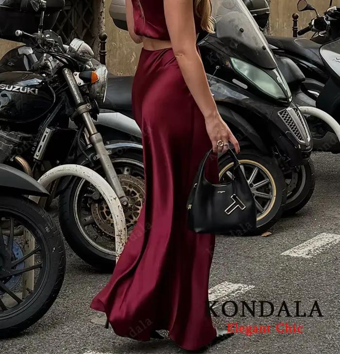 KONDALA élégant Satin mince Midi solide jupe femmes élastique taille haute a-ligne décontracté femme